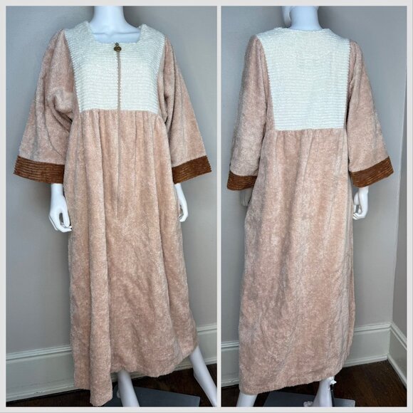 Vintage 1980s Chenille Zip Up Robe, Towel Dress, Stan Herman Size Medium